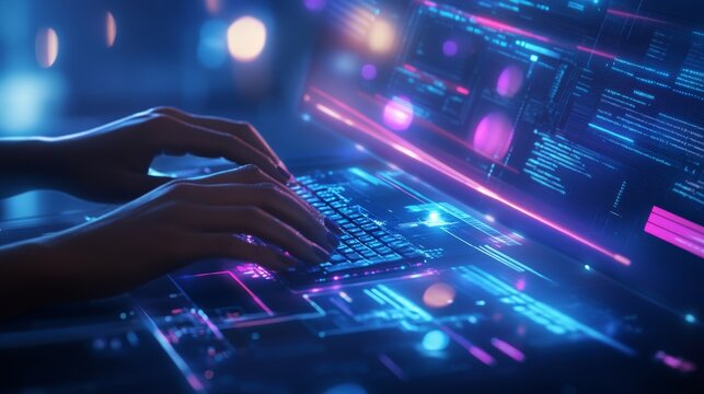 In the background is a closeup shot of the hands typing on the laptop of a professional coder or programmer at their work. The screen is a blue digital code with information embedded within. Binary