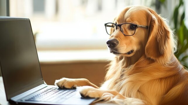 Intelligent golden retriever working on a computer