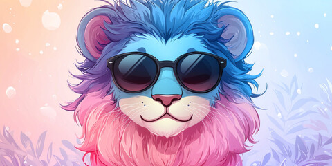 Obraz premium A cartoon lion with blue and pink fur, wearing sunglasses and looking cool.