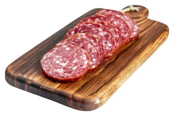PNG Meat food sausage salami slices wooden board meat pork white background.