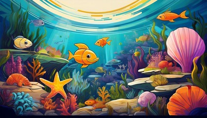 Marine Mysteries- A colorful illustration of an underwater world with colorful fishes and other creatures and plants