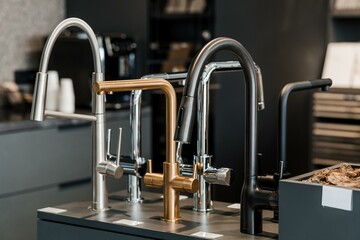 Elegant Modern Kitchen Faucets Display in Showroom Setting