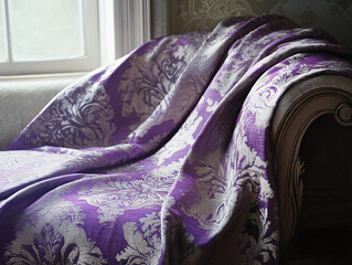 purple and silver Damask fabric draped over a chaise lounge, intricate reversible floral pattern