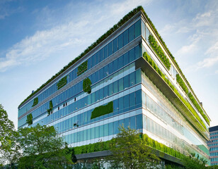 An eco-friendly office building with green roofs, rainwater harvesting systems, and energy-e