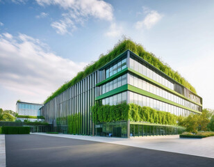 Fototapeta premium An eco-friendly office building with green roofs, rainwater harvesting systems, and energy-e