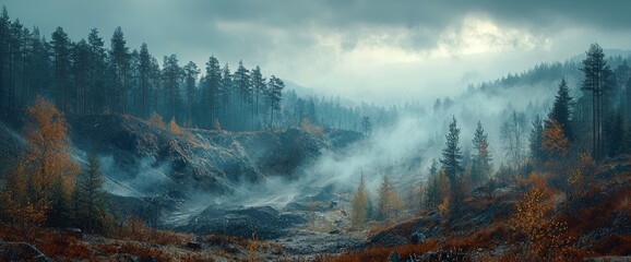 Misty Forest Landscape with Golden Autumn Foliage