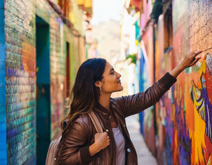 Naklejka premium An urban explorer discovering colorful street art in a gritty alleyway.
