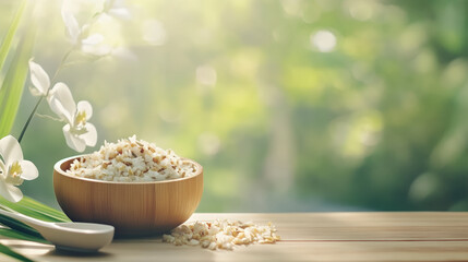 A wooden bowl of rice on a sunlit table, surrounded by white orchids, creates a serene and natural ambiance.