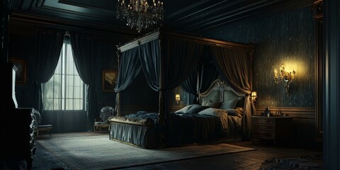 Dark, luxurious bedroom with four-poster bed.