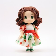 A cute doll with green eyes in a floral outfit, perfect gift for a child or charming decor