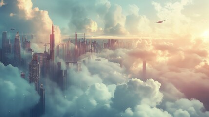 Fototapeta premium city in the clouds with floating buildings and flying cars