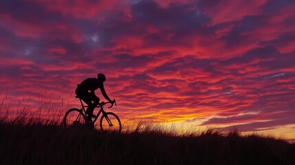 Obraz premium Back view silhouette shadow of a cyclist riding a bicycle on asphalt road at dusk sunset. Summer outdoor sport activity lifestyle, healthy male evening travel.