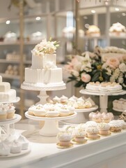 A pristine all-white wedding cake takes center stage among a collection of delicate desserts in a bright patisserie display.
