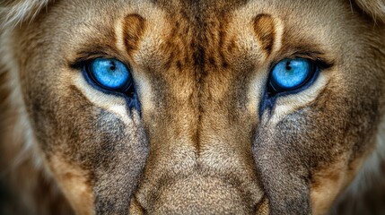 This is a close-up shot of a lioness with blue eyes. African wildlife predator, dangerous hunting safari hunter, looking straight at the camera.