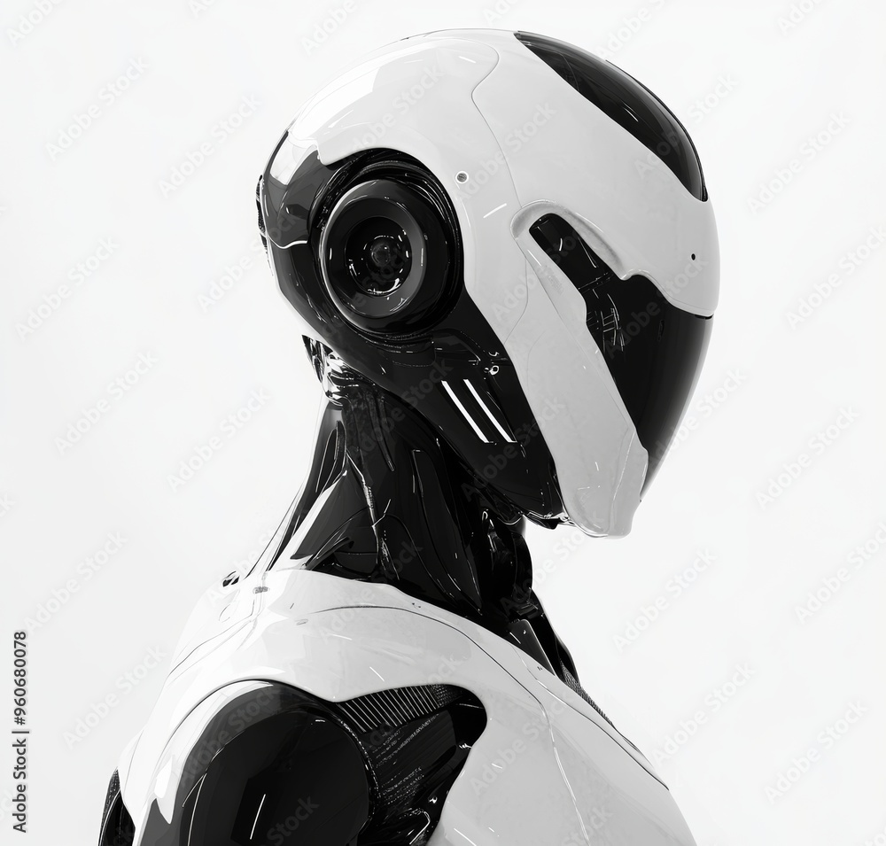 Aufkleber robot with white and black color scheme isolated on transparent background. cyborg humanoid stock ma