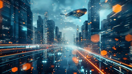background with futuristic city with flying cars and skyscrapers