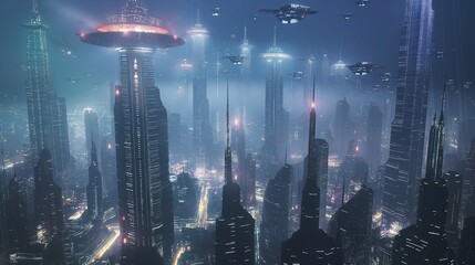 Obraz premium background with futuristic city with flying cars and skyscrapers
