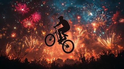 A silhouette of a man doing a wheelie on a bicycle, framed by colorful New Year's fireworks lighting up the night sky