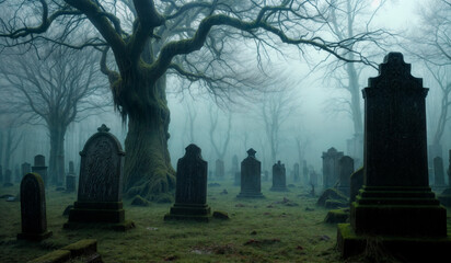 A misty cemetery with mossy tombstones, a large tree with bare branches, and a tombstone with a gargoyle on top.