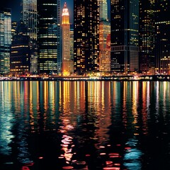 Fototapeta premium abstract background with A nighttime cityscape with brightly lit skyscrapers reflecting