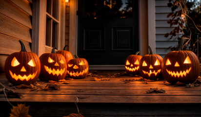 Obraz premium A front porch with pumpkins carved into jack-o'-lanterns, placed on wooden planks, and surrounded by fallen leaves.