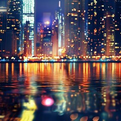 Fototapeta premium abstract background with A nighttime cityscape with brightly lit skyscrapers reflecting