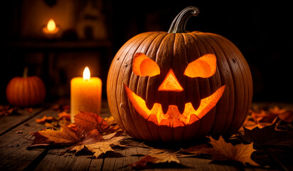 Obraz premium A jack-o-lantern with a ghostly smile on a wooden table, surrounded by autumn leaves.