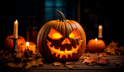Obraz premium a pumpkin carved into a jack-o'-lantern with a lit candle inside, placed on a table with autumn leaves scattered around it.