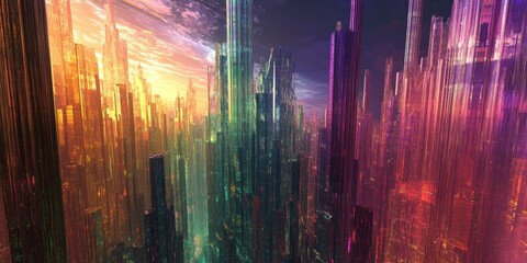 Colorful, futuristic cityscape at dusk.