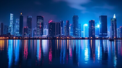Fototapeta premium abstract background with A nighttime cityscape with brightly lit skyscrapers reflecting