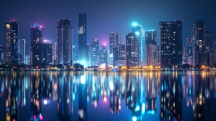 Obraz premium abstract background with A nighttime cityscape with brightly lit skyscrapers reflecting