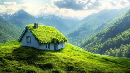 The exterior view of a green grass home under a blue sky. Conceptual image about clean energy and conservation.