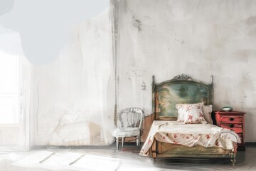 A whimsical illustration of a bedroom with a floral bed and whitewashed walls. Children's Book Illustration