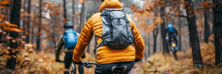 Group of friends having a delightful time cycling through the picturesque forest scenery