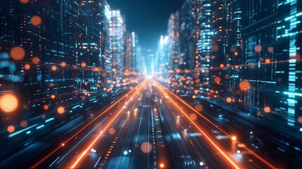 background with A nighttime view of a futuristic city with glowing skyscrapers and moving traffic