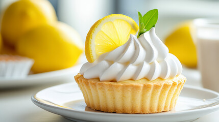 A delicious lemon tart topped with whipped cream, a slice of lemon, and a mint leaf, served on a white plate, perfect for dessert.