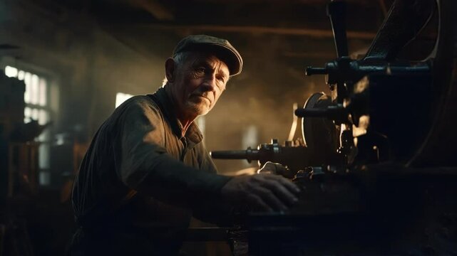 Elderly factory worker skillfully operates metal shaping machine in dimly lit workshop, showcasing years of experience and craftsmanship. Vintage equipment highlights hard work and dedication