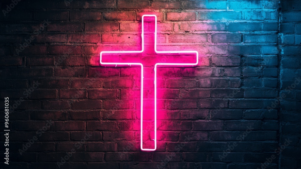 Wall mural An illuminated pink purple Christian cross symbol on a brick wall background. Christianity religion belief, soul salvation, risen Lord worship, miracle, gospel, forgiveness, church, church.