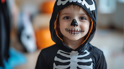 Fototapeta premium Little boy in skeleton costume for Halloween. Close-up portrait of child with face paint in spooky outfit. Halloween celebration and costume party concept for holiday design.