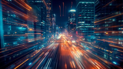 Obraz premium background with A nighttime view of a futuristic city with glowing skyscrapers and moving traffic