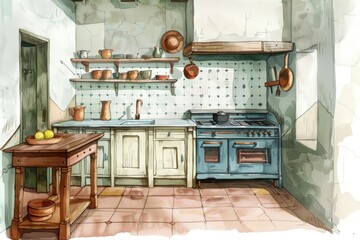 A hand-drawn watercolor illustration of a rustic kitchen featuring a blue stove and a wooden table. Children's Book Illustration