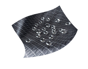 Durable technological waterproof fabric with raindrops close up isolated on a white background