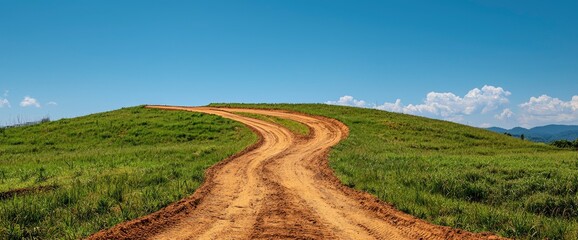 Naklejka premium Winding Dirt Road Through Green Grassy Field Leading to Horizon Under Blue Sky