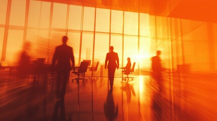 In the background, a blur of business people in elegant suits walk past the modern office interior full of tables and chairs where employees work and teams meet