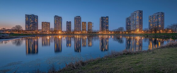 Fototapeta premium Cityscape with Reflections at Dusk