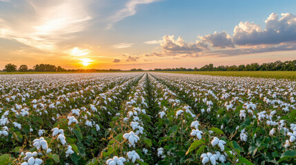 Sunset on a cotton field with rows of white cotton plants stretching to the horizon under a partly cloudy sky.