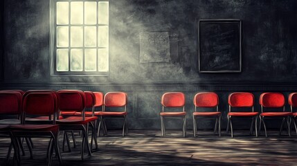 It is an empty classroom with red chairs and wooden tables placed around the window. Globe models are placed on shelves, and there is a lot of writing and drawings on the walls. It is an indoor
