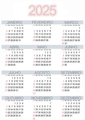 A 2025 calendar in Portuguese language. Illustration on white background. Vertical calendar.
