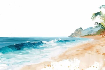 Watercolor painting of a beach scene with crashing waves. Children's Book Illustration