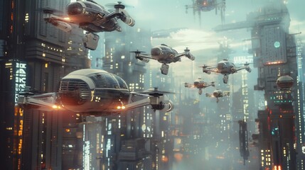 abstract background with futuristic city with high-tech buildings and flying vehicles